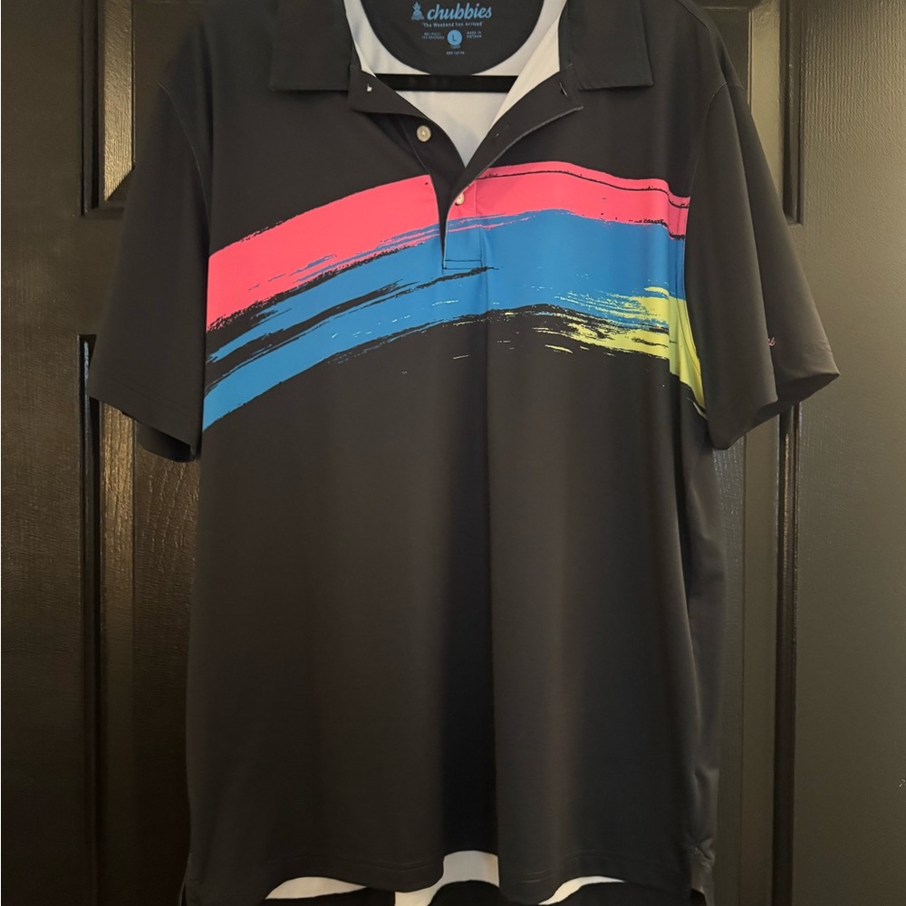 Chubbies Men's Black Polo Shirt with Colorful Stripes
